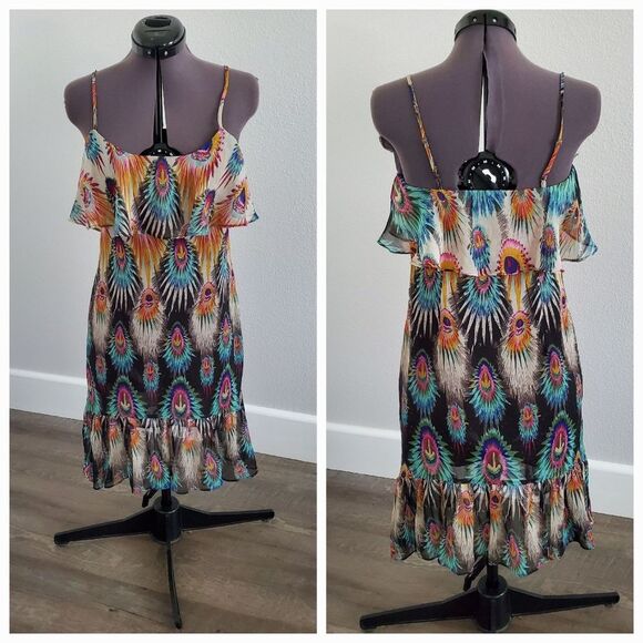 Buffalo Women’s Dress XS Black Orange Blue Peacock Print Spaghetti Strap Boho - Picture 2 of 8
